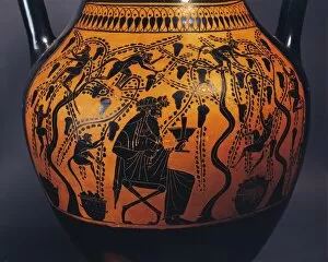 Amphora by Painter of Priam, Detail of man drinking among vineyards, 520-510 B.C
