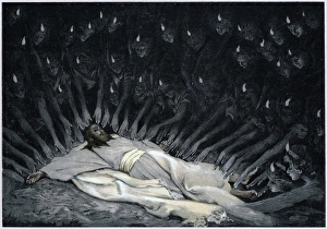 Angels ministering to Jesus after the Devil has left him. Matthew 4. Illustration Angels ministering to Jesus after the Devil has left him. Matthew 4. Illustration