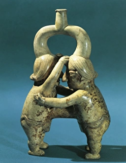Anthropomorphic terracotta vessel with two figures of wrestlers, Vicus culture Anthropomorphic terracotta vessel with two figures of wrestlers, Vicus culture
