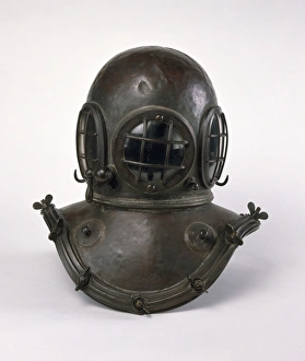 Antique diving helmet, front view Antique diving helmet, front view