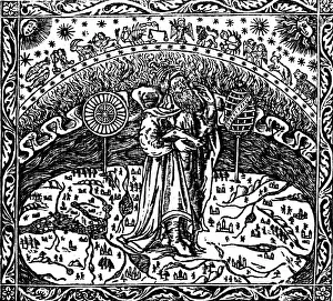 <b class=qtipBold><figcaption>Archimedes (c287-212 BC)</figcaption></b><br>Archimedes (c287-212 BC) Ancient Greek mathematician and inventor standing on earth. Four Greek elements, earth, air, fire, water and dome of fixed stars. Thales's concept of flat earth floating on water. From Archimedes "Tetragonismus...", Venice, 1503.<br><em>© Universal History Archive</em> Archimedes (c287-212 BC)