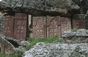Armenia, Geghard Monastery, row of Khachkars, carved tombstones Armenia, Geghard Monastery, row of Khachkars, carved tombstones