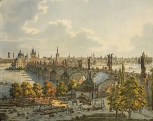 Prints of Czech Republic, 19th century. Prague, view of Ponte Carlo (Charles Bridge) over the Vltava River. Engraving Czech Republic Prints: Charles Bridge Print over Vltava River