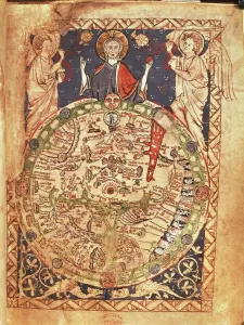 Prints of Cartography, 13th century. Mappa Mundi, Medieval map, London about 1265. Ink and colors on parchment. The maps diameter is 9 cm Related Prints: Small Mappa Mundi print, ink and colors on parchment