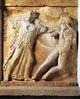 Detail of Athena and escalades, from metope of the Temple E Detail of Athena and escalades, from metope of the Temple E