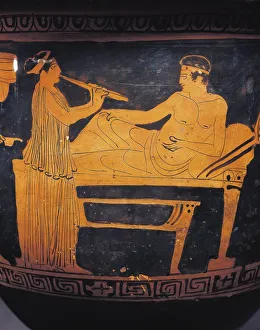 Attic hydria, Detail of seduction scene with man lying in bed and woman playing double flute Attic hydria, Detail of seduction scene with man lying in bed and woman playing double flute