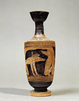 Attic lekythos depicting two companions of Ulysses turned into swine by Circewitch, red-figure pottery Attic lekythos depicting two companions of Ulysses turned into swine by Circewitch, red-figure pottery