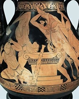 Hercules Gallery: Attic pelike depicting Heracles killing king Busiris and Egyptian priests, by Pan Painter
