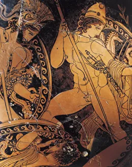 Attic pelike depicting Poseidon, Ares and Hermes fighting against Giants, by School of Pronomos Painter, red-figure pottery Attic pelike depicting Poseidon, Ares and Hermes fighting against Giants, by School of Pronomos Painter, red-figure pottery