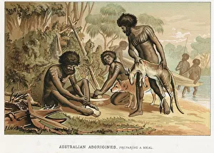 Australian natives preparing meal from animal they have hunted. Man on left makes Australian natives preparing meal from animal they have hunted. Man on left makes