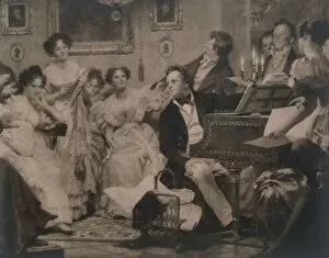 Austria, Vienna, Composer Franz Peter Schubert Plays Piano for his Friends in Vienna, lithograph