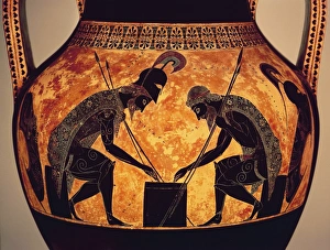 Black-figure pottery, Attic amphora by Exekias, detail, Achilles and Ajax play dice Black-figure pottery, Attic amphora by Exekias, detail, Achilles and Ajax play dice