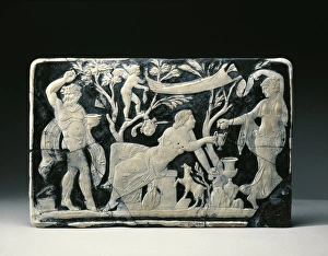 Blue glass and white vitreous paste cameo panel, showing initiation of Ariadne to Dionysian mysteries, from House of F Blue glass and white vitreous paste cameo panel, showing initiation of Ariadne to Dionysian mysteries, from House of F