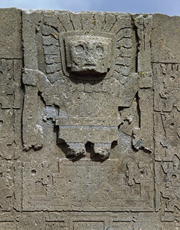 Bolivia, Ingavi Province, La Paz Department, Tiwanaku, Gateway of Sun detail of frieze Bolivia, Ingavi Province, La Paz Department, Tiwanaku, Gateway of Sun detail of frieze