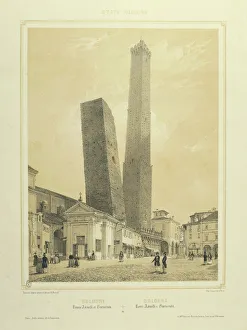 Bologna, The Asinelli and Garisenda Towers, from Philippe Benoist fund, Paris, Circa 1845, lithograph Bologna, The Asinelli and Garisenda Towers, from Philippe Benoist fund, Paris, Circa 1845, lithograph