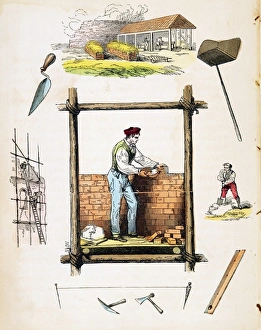 Bricklayer working on wooden scaffold. Top: Brickyard. Right: Miixing mortar Bricklayer working on wooden scaffold. Top: Brickyard. Right: Miixing mortar