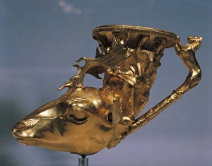 Bulgaria, Rhyton (drinking vessel) in the shape of a ram head, on the neck: Dionysian scenes, from the Panagjuriste treasure, embossed gold Bulgaria, Rhyton (drinking vessel) in the shape of a ram head, on the neck: Dionysian scenes, from the Panagjuriste treasure, embossed gold
