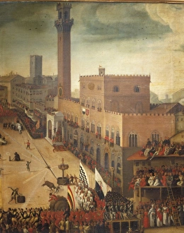 Bull races in Piazza del Campo in Siena, by Vincenzo Rustici, detail, around 1585 Bull races in Piazza del Campo in Siena, by Vincenzo Rustici, detail, around 1585