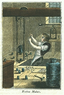 Button Maker: Stamping out metal buttons. Blank held in place and weight holding Button Maker: Stamping out metal buttons. Blank held in place and weight holding
