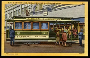 Cable Car on Rotating Platform. ca. 1947, San Francisco, California, USA, CABLE CAR ON TURN TABLE, POWELL AND MARKET, SAN FRANCISCO, CALIF. 123. Close to the hearts of every San Franciscan are these quaint little cable cars, that have become traditional. Visitors to San Francisco climb aboard for their first exciting ride on the cars that go clanging and bouncing up and down and over the hills. At the foot of Powell and Market, a famous corner, is a turn table where the cars are turned around for the return trip