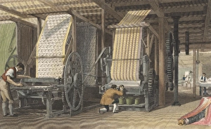 Calico printing machines powered by belt and shafting through cog wheels from a central Calico printing machines powered by belt and shafting through cog wheels from a central