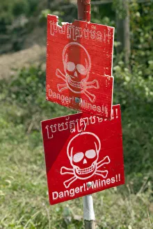 Cambodia, Banteay Chhmar, Beware of landmines sign Cambodia, Banteay Chhmar, Beware of landmines sign