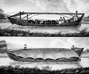 Canal boat for passengers and freight with framework for tarpaulin (top) and boat Canal boat for passengers and freight with framework for tarpaulin (top) and boat