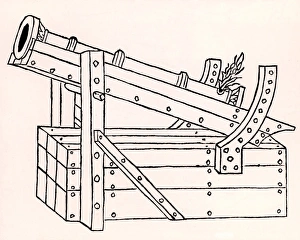 Cannon formed of iron staves hooped together and mounted on a primitive gun carriage Cannon formed of iron staves hooped together and mounted on a primitive gun carriage