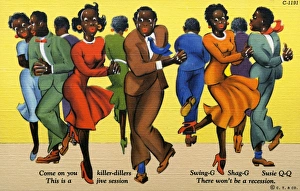 Cartoon of Dancers. ca. 1938, Come on you killer-dillers, Swing-G, Shag-G, Susie Q-Q, There won't be a recession Cartoon of Dancers. ca. 1938, Come on you killer-dillers, Swing-G, Shag-G, Susie Q-Q, There won't be a recession
