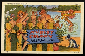 Cartoon of a Nudist Camp. ca. 1936, WE ARE LIVING IN A NUDE DAY Cartoon of a Nudist Camp. ca. 1936, WE ARE LIVING IN A NUDE DAY