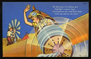Cartoon of Woman Flying Airplane. ca. 1938, Hi there pal, I'm feeling spry Cartoon of Woman Flying Airplane. ca. 1938, Hi there pal, I'm feeling spry