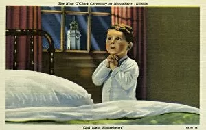 Child Praying at Bedtime. ca. 1938, Mooseheart, Illinois, USA, The Nine O'Clock Ceremony at Mooseheart, Illinois