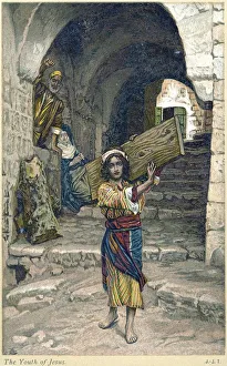 Childhood of Jesus. Jesus carrying a plank of wood down the street while Mary Childhood of Jesus. Jesus carrying a plank of wood down the street while Mary
