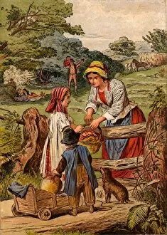 Children bringing food to parents who are Haymaking