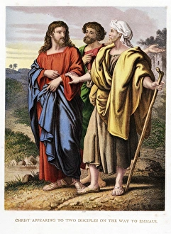 Christ appearing to the two disciples on the road to Emmaeus. Kronheim chromolithograph Christ appearing to the two disciples on the road to Emmaeus. Kronheim chromolithograph