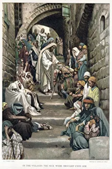 Christ healing the sick brought to him in the villages. Bible: Mark 6. From JJ Tissot Christ healing the sick brought to him in the villages. Bible: Mark 6. From JJ Tissot
