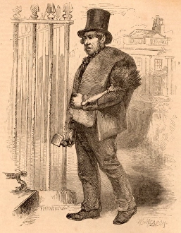One of the last climbing chimney sweeps carrying a mattock for scraping the inside of One of the last climbing chimney sweeps carrying a mattock for scraping the inside of