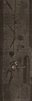Coal miner descending the mine shaft on the looped end of a rope desperately trying Coal miner descending the mine shaft on the looped end of a rope desperately trying