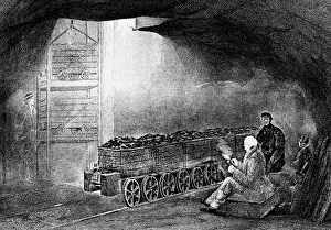 Coal Mining : Bottom of pit shaft with train of wagons waiting to be hoisted to surface Coal Mining : Bottom of pit shaft with train of wagons waiting to be hoisted to surface