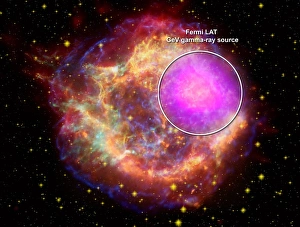 Composite of Cassiopeia A supernova remnant across the spectrum: Gamma rays (magenta) Composite of Cassiopeia A supernova remnant across the spectrum: Gamma rays (magenta)