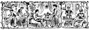 Cook and Kitchen maid, Parlour Maid and Scullery maids. Headpiece from Isabella Beeton Cook and Kitchen maid, Parlour Maid and Scullery maids. Headpiece from Isabella Beeton