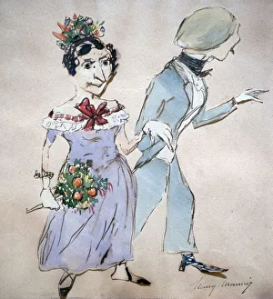 Couple with a Bouquet'. Watercolour by Henri Monnier (1805-1877) French cartoonist Couple with a Bouquet'. Watercolour by Henri Monnier (1805-1877) French cartoonist