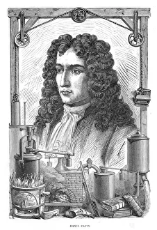 Denis Papin (1647-1712) French physicist. Among items at the bottom of the picture Denis Papin (1647-1712) French physicist. Among items at the bottom of the picture