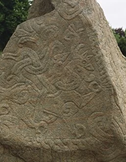 Denmark, Jelling mounds, runic stones, Detail of carvings on runestone