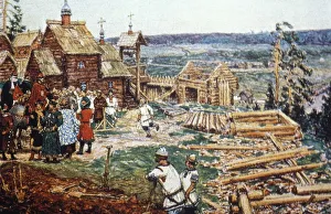 Depiction of the construction of the moscow kremlin out of logs under the reign of yuri Depiction of the construction of the moscow kremlin out of logs under the reign of yuri