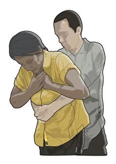 Digital composite of man pulling against abdomen of choking woman from behind
