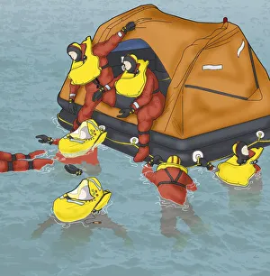 Digital composite of two men on liferaft rescuing men in water below Digital composite of two men on liferaft rescuing men in water below