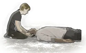 Digital composite of woman kneeling behind man with spinal injury supporting head and neck Digital composite of woman kneeling behind man with spinal injury supporting head and neck