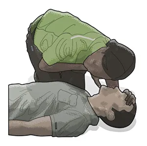 Digital composite of woman listening for and feeling breath of male casualty on cheek Digital composite of woman listening for and feeling breath of male casualty on cheek