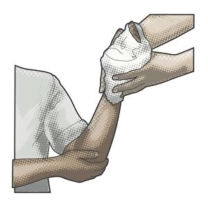 Digital illustration of casualty supporting elbow as pair of hands hold padded bandage around injured hand